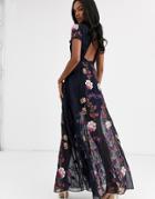 Frock & Frill Embellished Cut Out Back Short Sleeve Maxi Dress-navy