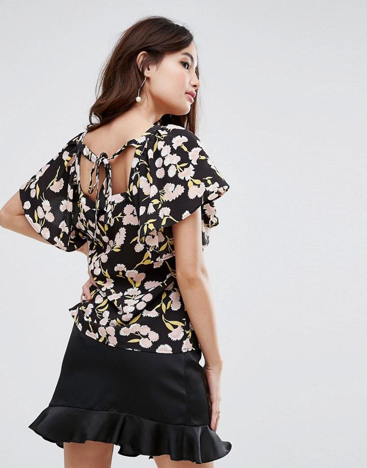 Fashion Union Tie Back Top In Floral - Black