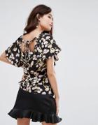 Fashion Union Tie Back Top In Floral - Black