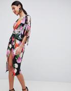 Asos Design Slinky Kimono Midi Dress In Scarf Print - Multi