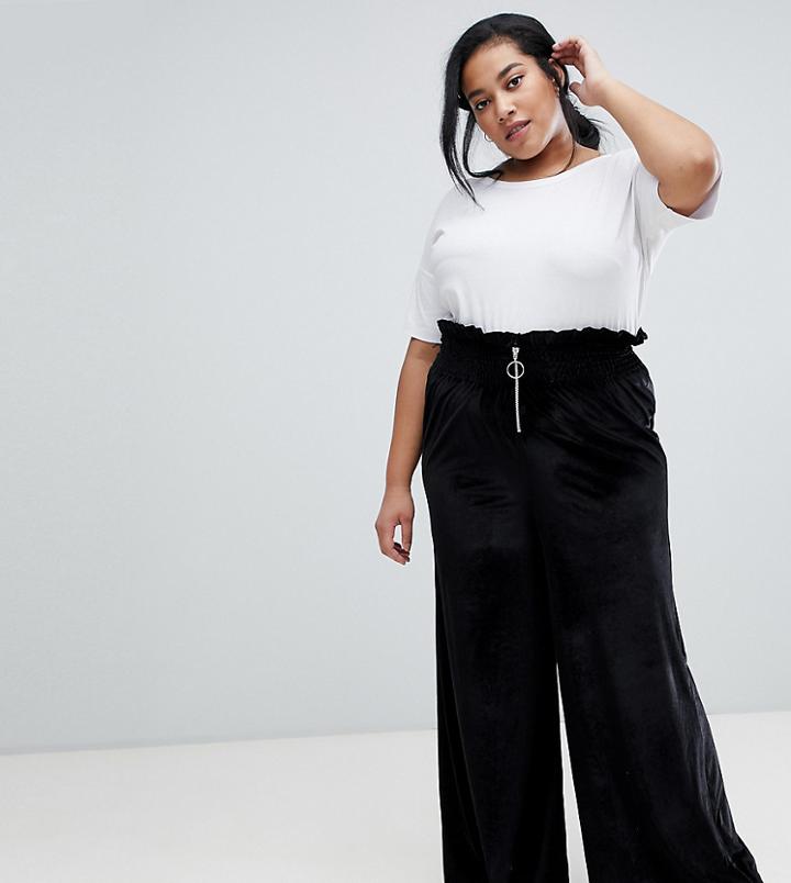 Asos Design Curve Velvet Wide Leg With Shirring And Ring Pull - Black