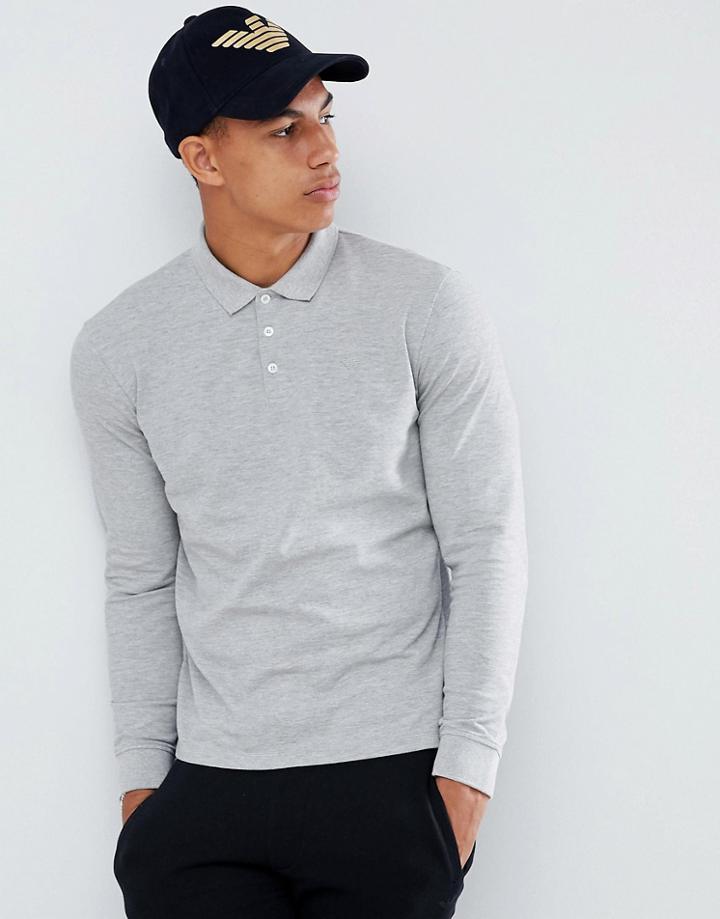Emporio Armani Long Sleeve Logo Polo In Gray - Gray