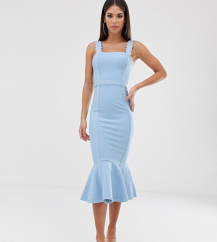 Asos Design Tall Scallop Detail Bandage Pencil Dress With Pep Hem - Blue