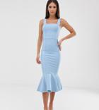 Asos Design Tall Scallop Detail Bandage Pencil Dress With Pep Hem - Blue