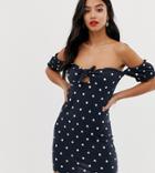 Asos Design Petite Off Shoulder Crinkle Sundress With Puff Sleeve In Polka Dot - Multi
