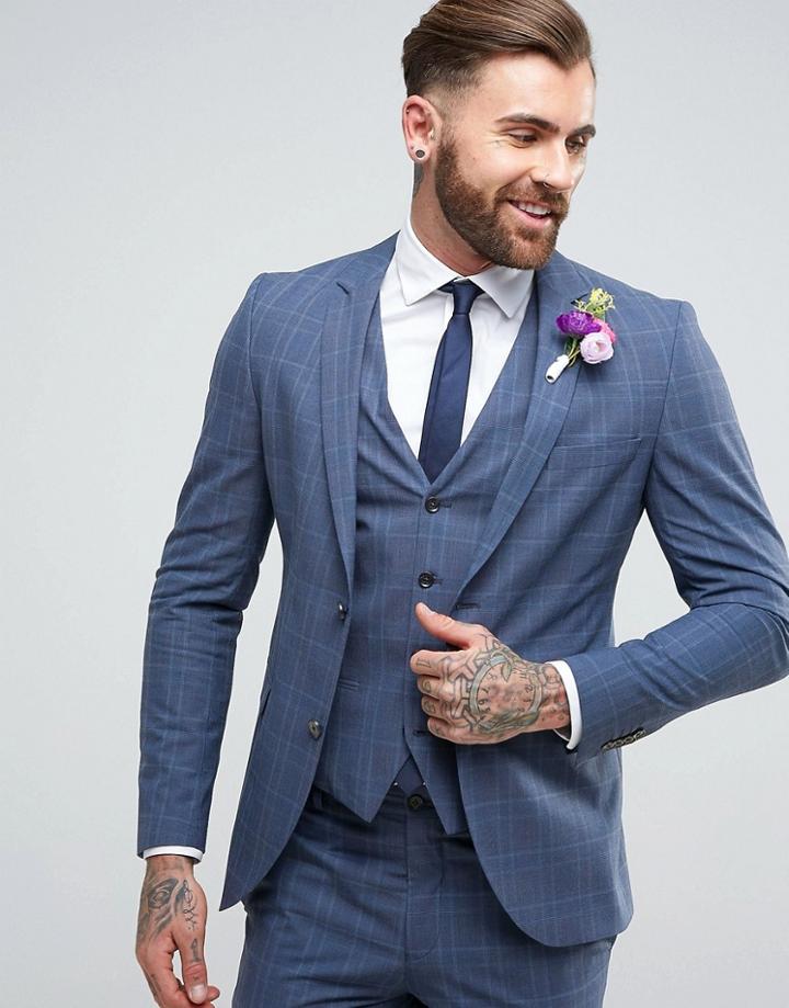 Jack & Jones Premium Skinny Suit Jacket In Check - Blue