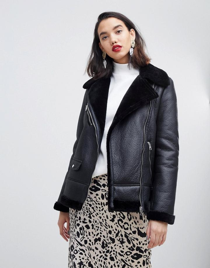 Vero Moda Faux Fur Aviator Jacket - Black