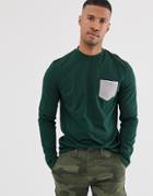 Asos Design Long Sleeve T-shirt With Contrast Pocket In Green - Green