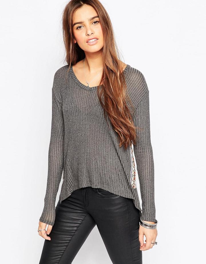 Vintage Havana V Neck Sweater With Crochet Detail - Olive