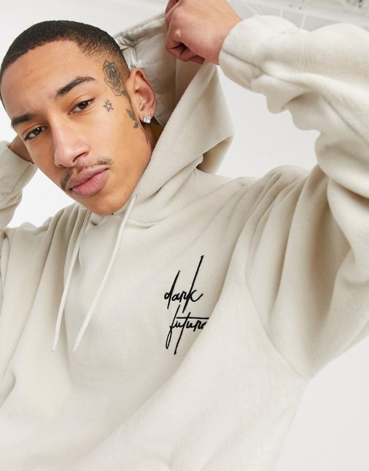 Asos Dark Future Oversized Polar Fleece Hoodie With Embroidered Logo In Beige-neutral