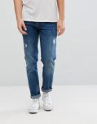 Asos Stretch Slim Jeans In Dark Wash Vintage With Abrasions - Blue