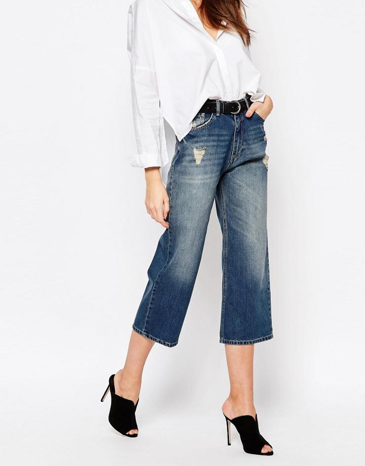 Sisley Cropped Denim Pants With Distress Detail - Blue