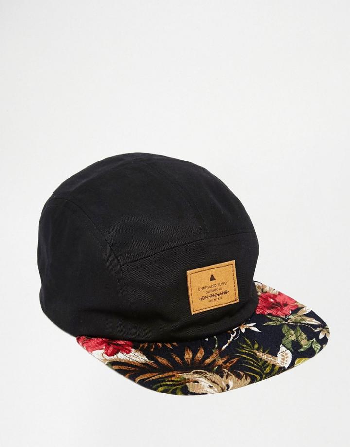 Asos 5 Panel Cap With Floral Peak - Black