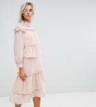 True Decadence Petite Premium Metallic Chiffon Layered Ruffle Midi Dress - Pink