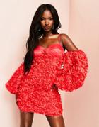 Asos Luxe 3d Flower Mini Dress With Puff Sleeves In Red