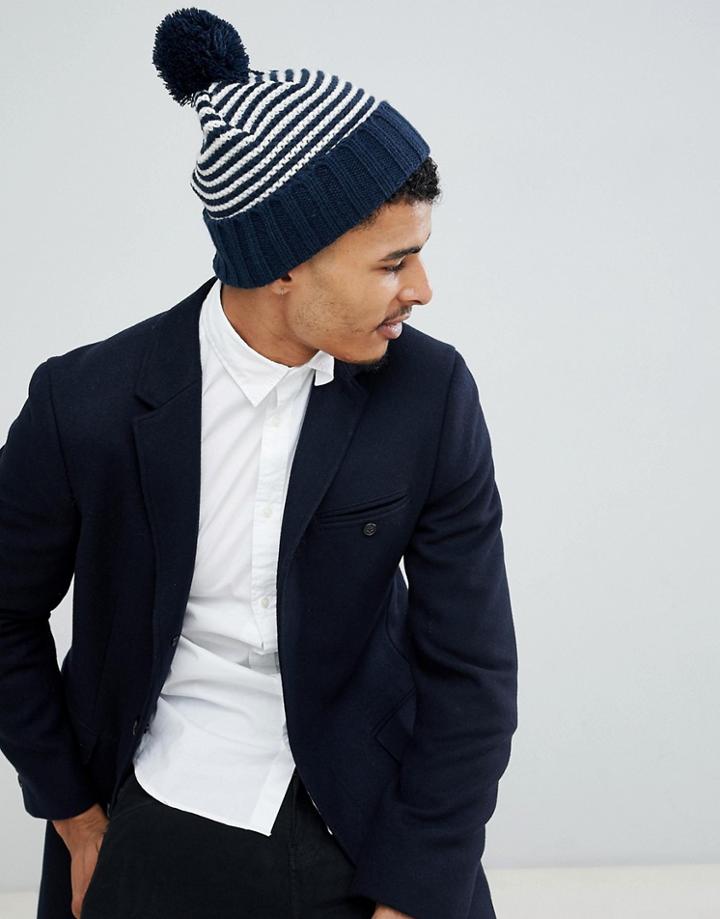 Jack & Jones Knitted Stripe Bobble Beanie - Navy