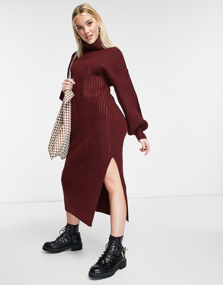 Asos Design Ribbed Midi Dress With Turtle Neck In Dark Red