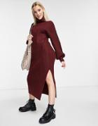 Asos Design Ribbed Midi Dress With Turtle Neck In Dark Red