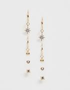 Asos Design Pack Of 4 Earrings With Engraved Sun And Star Designs In Gold Tone - Gold