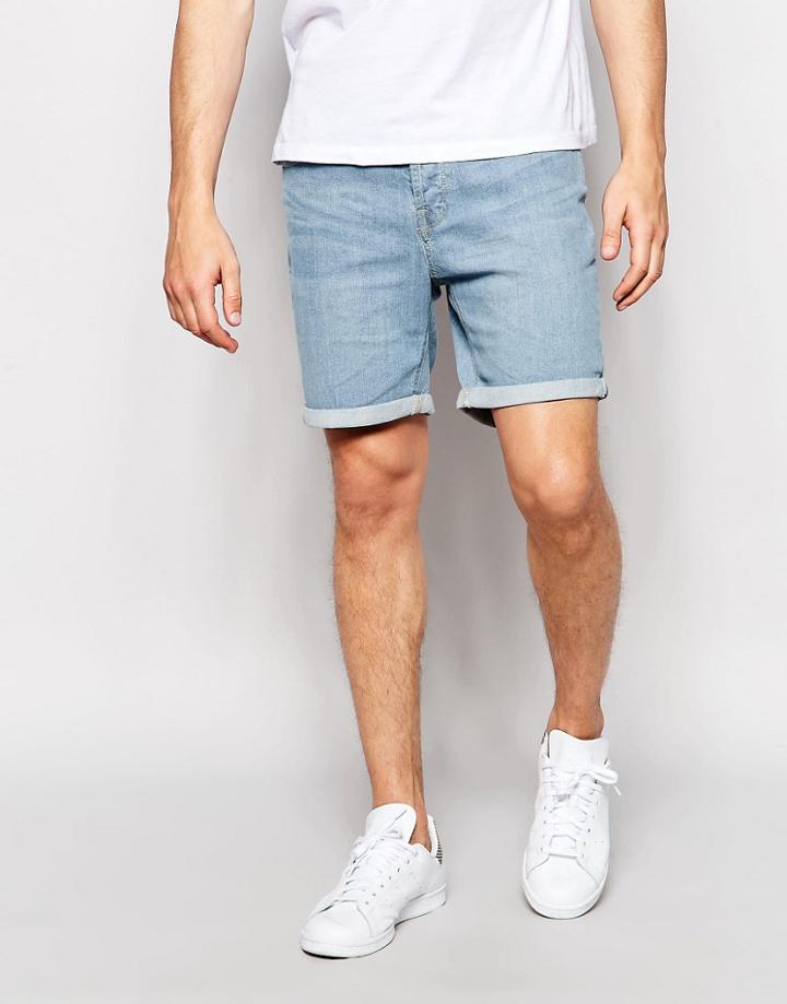 Only & Sons Denim Shorts In Slim Fit With Turn Up - Light Blue Denim