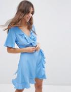 Asos Mini Woven Tea Dress With Wrap Front - Blue