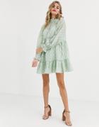 Asos Design High Neck Tiered Mini Smock Dress In Textured Organza-green