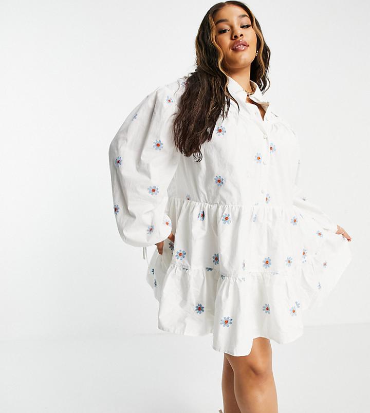 Lost Ink Plus Mini Smock Dress With Collar And Flower Embroidery-white