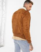 Bershka Suede Bomber Jacket With Sherpa Collar In Tan-brown