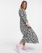 Asos Design Maxi Smock Dress In Black And White Floral Print