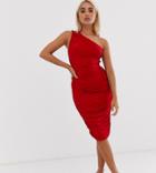 Club L London Petite One Shoulder Ruched Midi Dress In Red - Brown