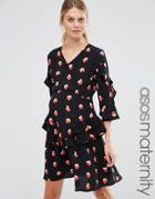 Asos Maternity Long Sleeve Tea Dress With V Neck And Ruffle Tiered Hem In Heart Print - Multi