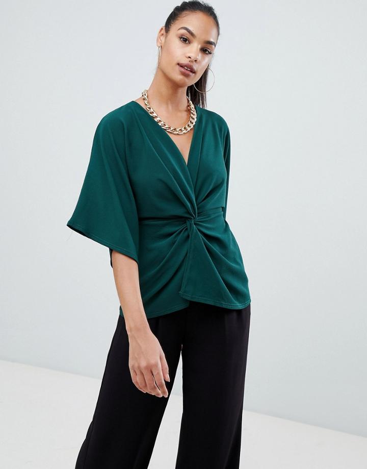 Boohoo Twist Front Kimono Sleeve Top In Dark Green - Green