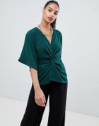 Boohoo Twist Front Kimono Sleeve Top In Dark Green - Green