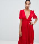 Boohoo Exclusive Plunge Pleated Midi Dress In Red - Red