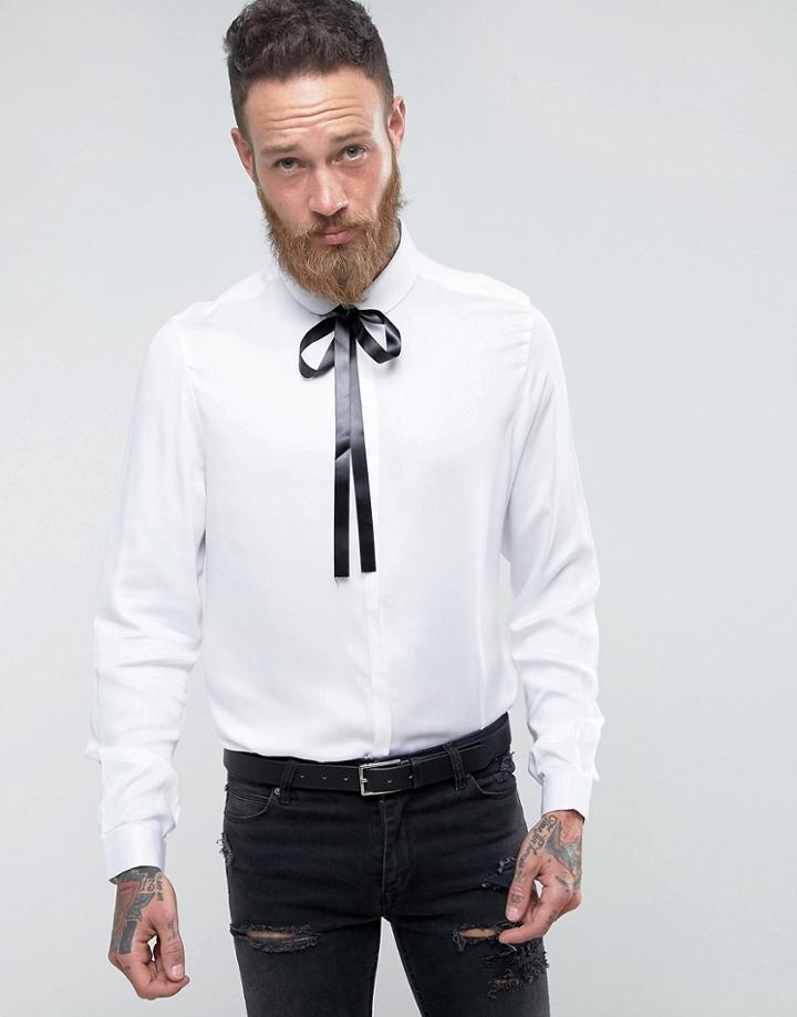 Asos Regular Fit Shirt With Pussy Bow - White