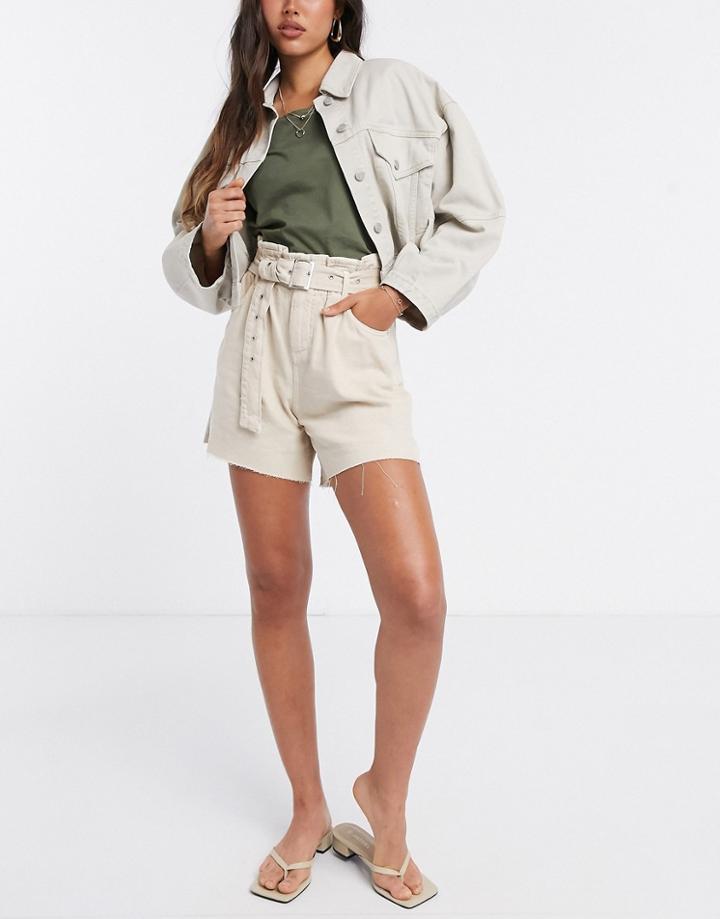 Mango Belt Detail Raw Hem Denim Shorts In Sand-neutral