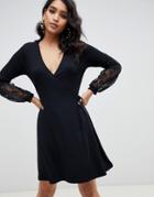 Asos Design Wrap Dress With Lace Sleeves-black