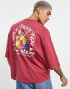 Asos Design Oversized T-shirt In Red Cotton With Fruit Back Print - Red