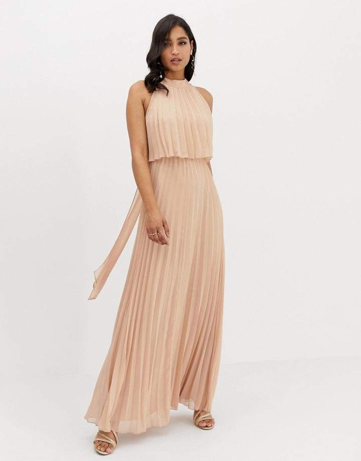 Asos Design Halter Tie Neck Maxi Dress In Pleat-pink