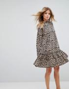 Asos Smock Pep Hem Dress In Leopard Print - Multi