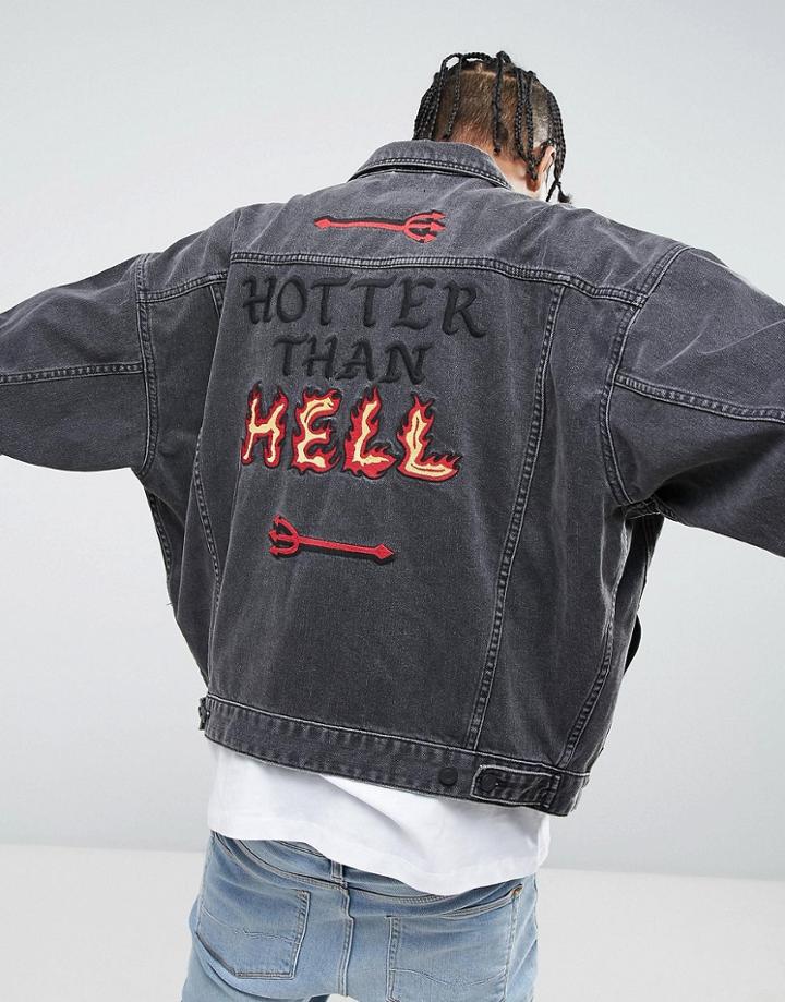 Asos X Lot Stock Oversized Denim Jacket With Embroidery In Black Wash - Black