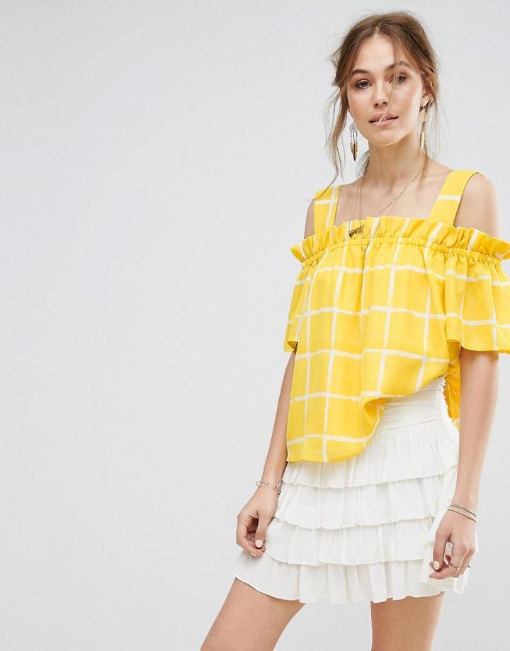 Moon River Checked Cold Shoulder Ruffle Top - Yellow