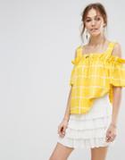 Moon River Checked Cold Shoulder Ruffle Top - Yellow