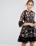 Frock And Frill Premium Embroidered Mini Dress With Exaggerated Sleeve - Black