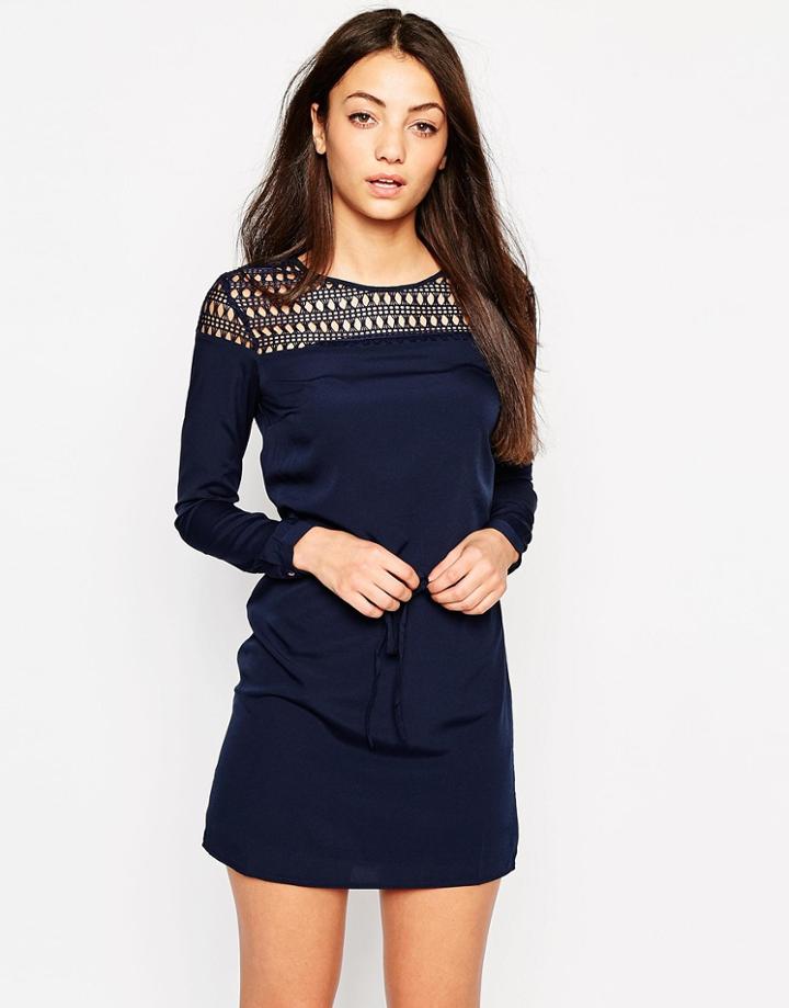 Vila Long Sleeve Tunic Dress With Crochet Neckline - Black Iris