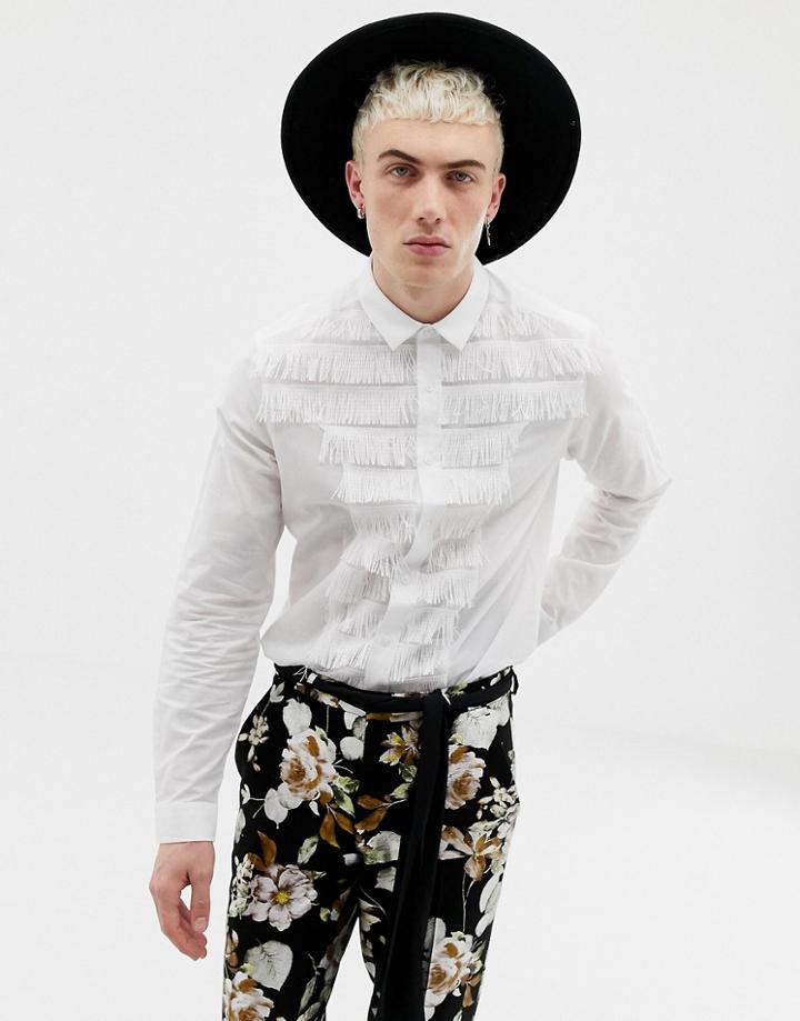 Asos Edition Skinny Fit Shirt With Fringed Front In White - White