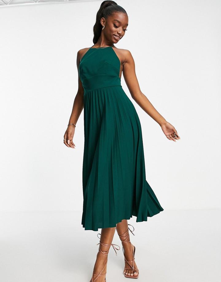Asos Design Skinny Back Racer Pleated Midi Dress In Forest Green