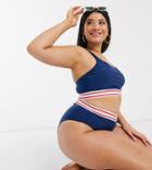 Brave Soul Plus High Waisted Bikini Bottoms With Striped Elastic-blues