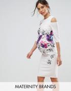 Little Mistress Maternity Floral Placement Dress With Cold Shoulder - Cream