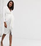 Asos Design Maternity Fringe Shirt Midi Dress-white